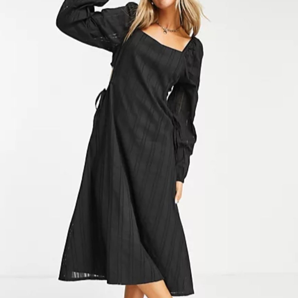 Women's Daisy Street Midi Dress with Volume Sleeves in Black, Size Large